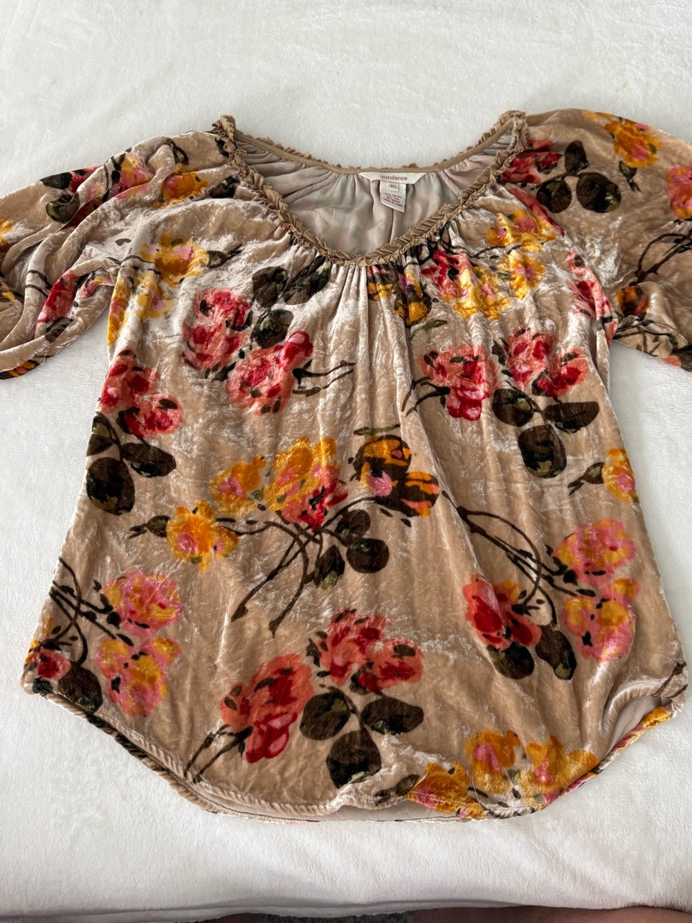 Sundance Crushed Velvet Silk Blend Peasant Blouse with Ruffle Accent D91